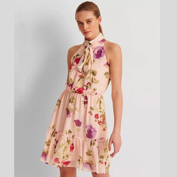 Ralph Lauren Size 10 Pink Floral Chiffon Sleeveless Dress Ties Neck Fit & Flare - Picture 1 of 12